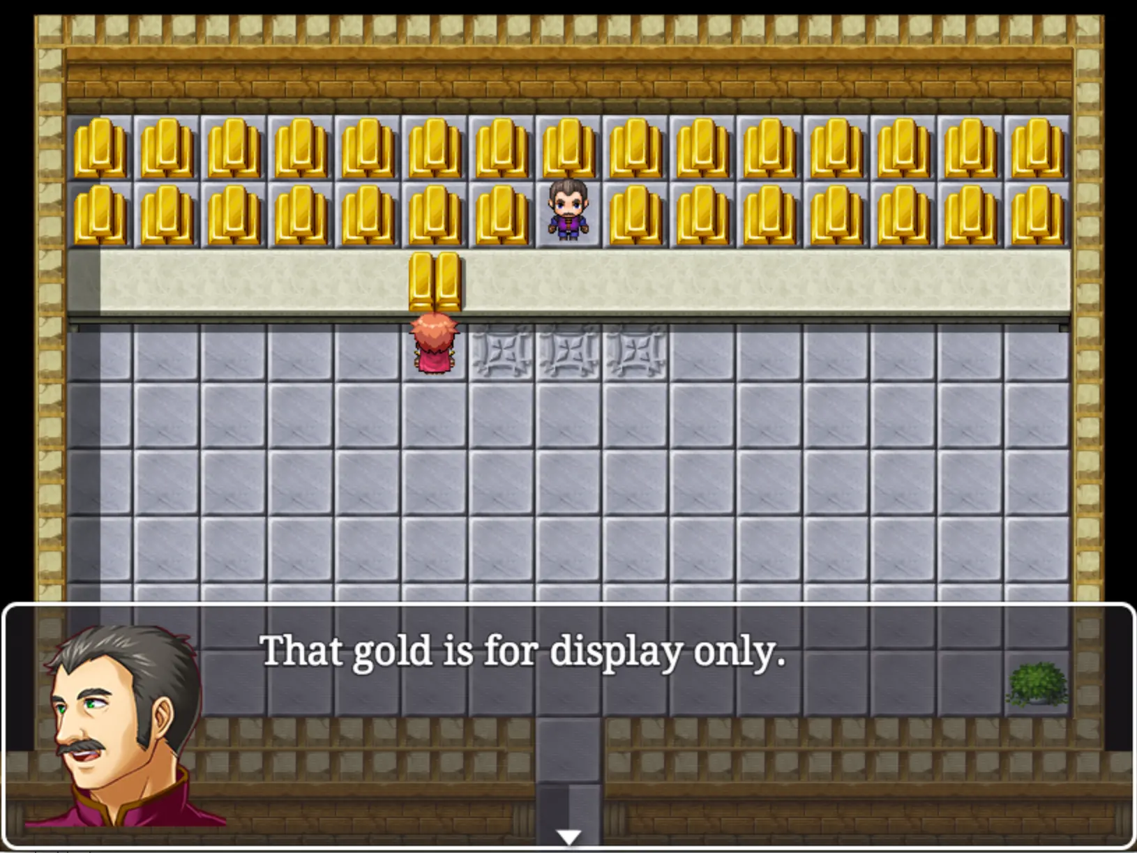 Screenshot of game with the player character standing in a bank with many, many pieces of gold behind the counter. They are looking at one piece of gold and the teller is saying "That gold is for display only."