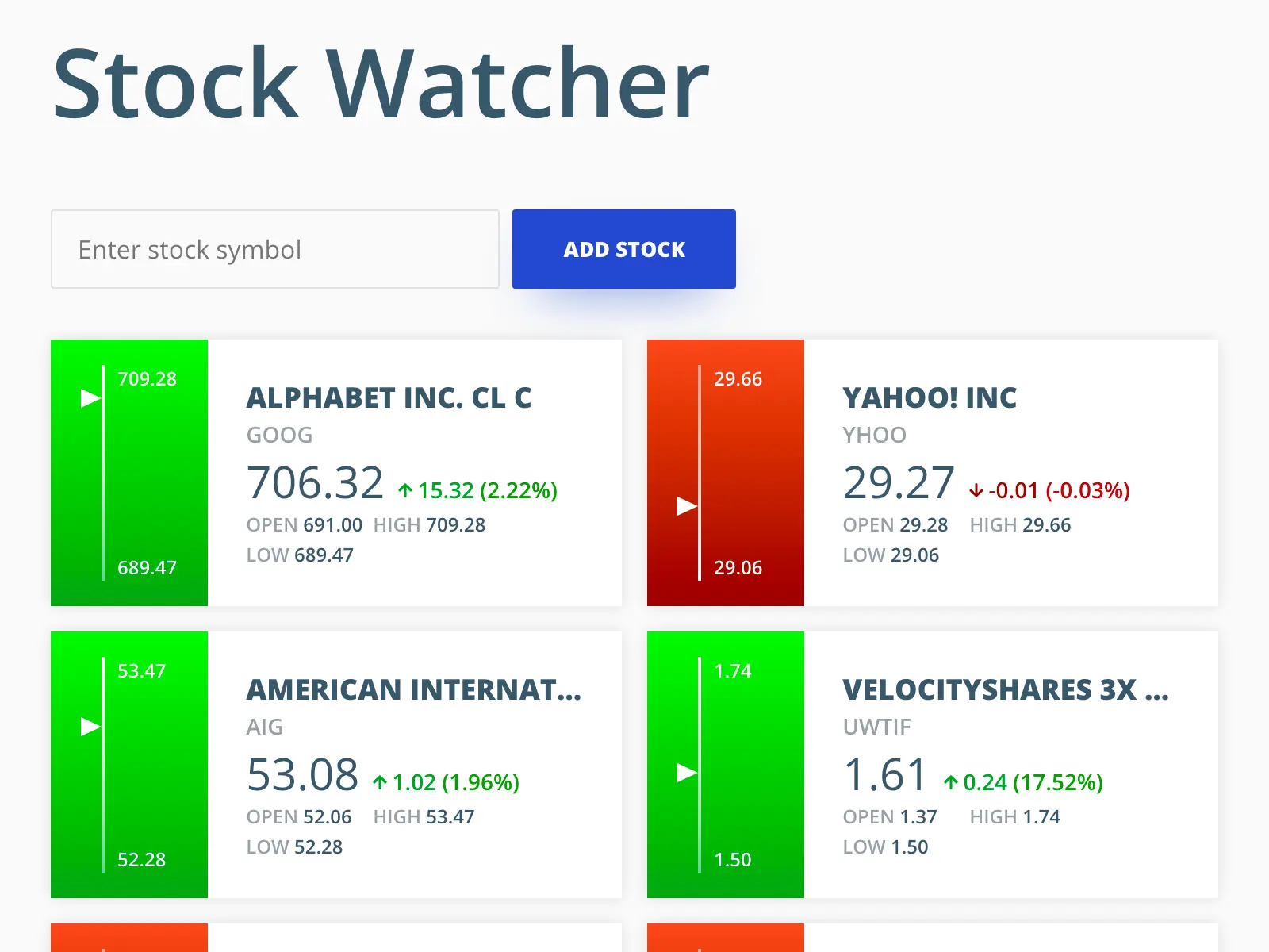 "Stock Watcher" dashboard showing various stocks and details about them